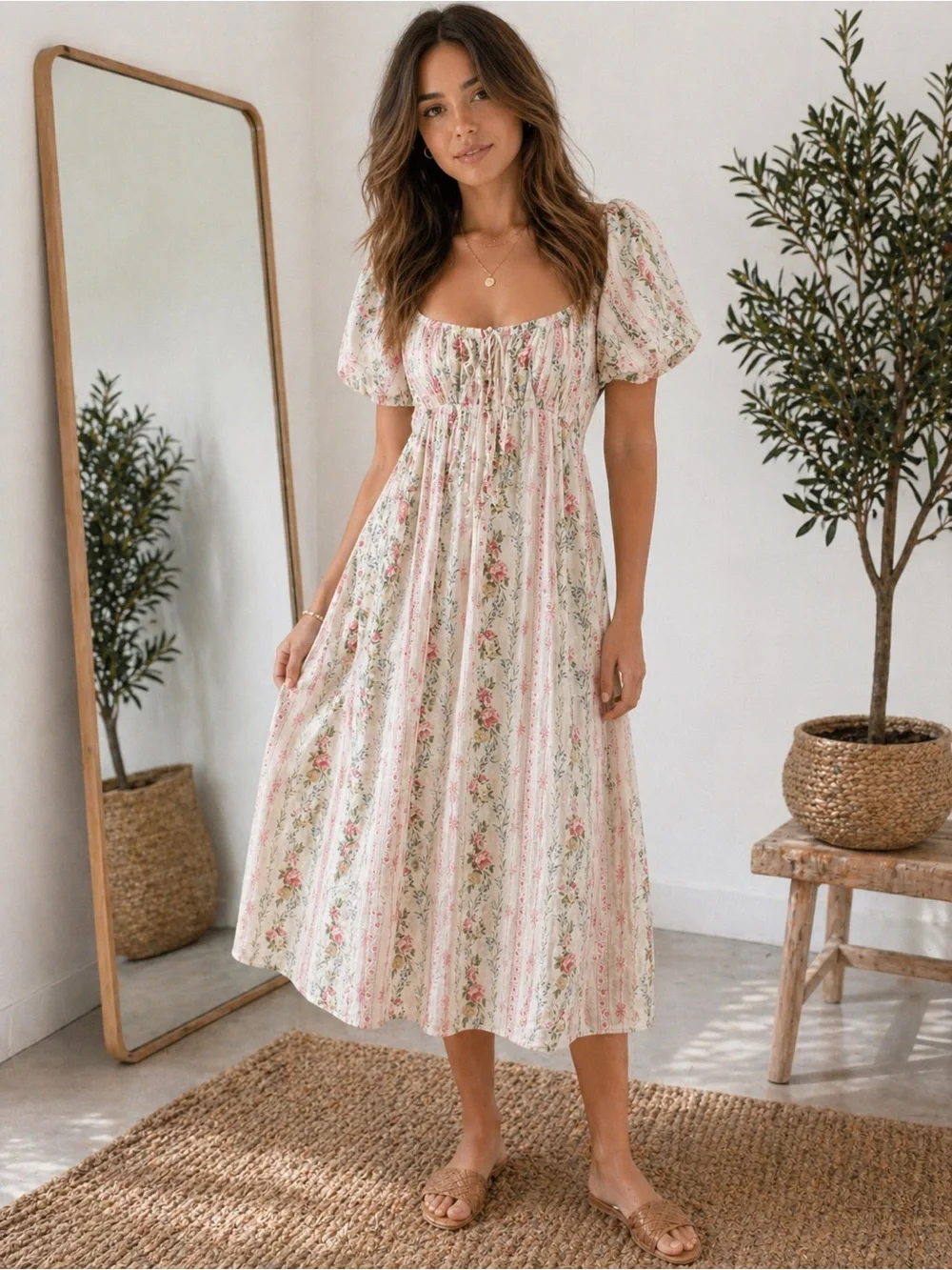 NWT 100% cotton Storia Cream and Pink Floral Puff-Sleeve Midi Dress - Picture 1 of 11